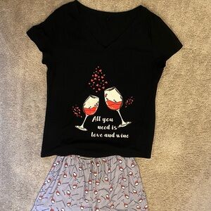 Women's PJ Shorts Set Wine & Hearts Print Black Gray Size S